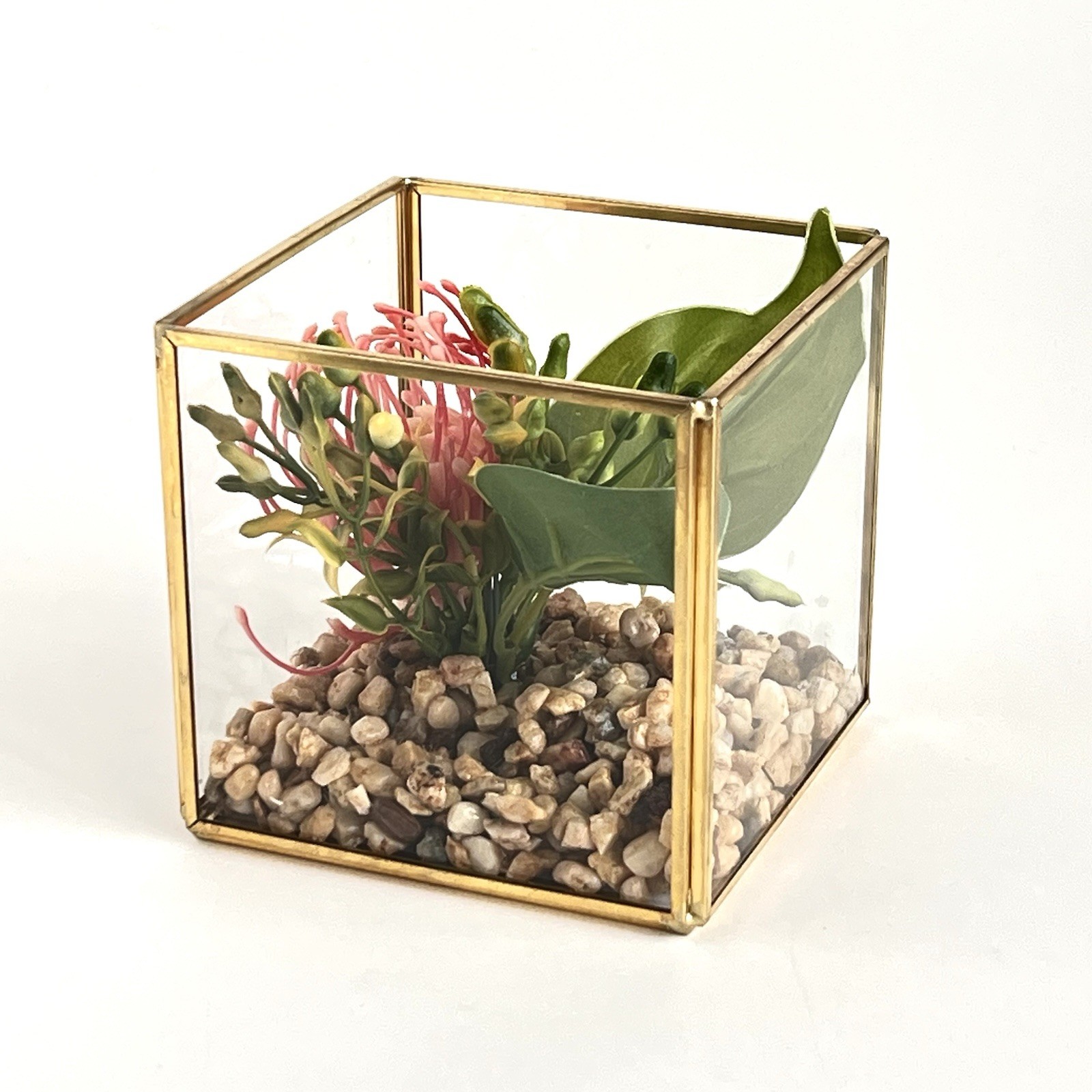 Geometric Square Terrarium Tabletop Planter Artificial Succulents 4” Brass
