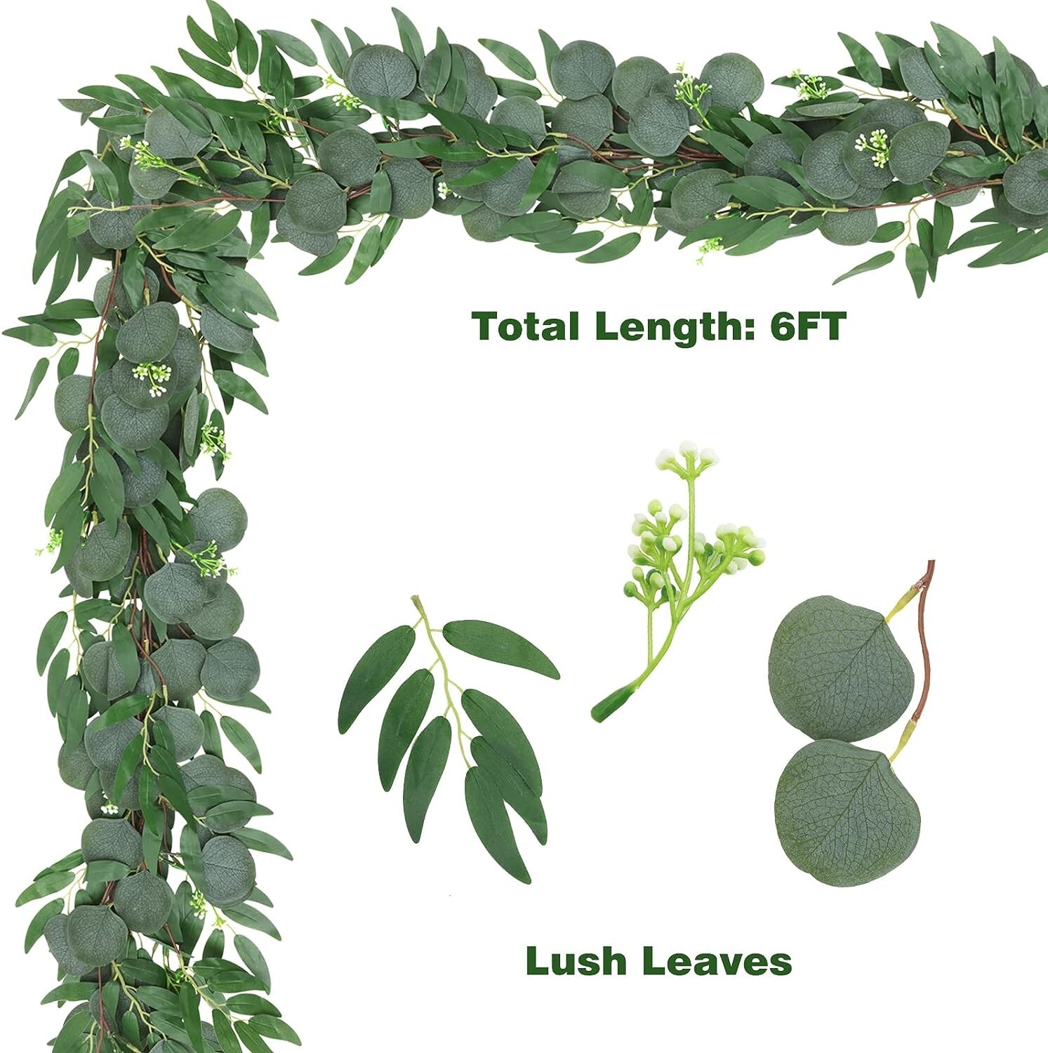 Artificial Eucalyptus and Willow Garland, 6 FT Fake Vine Greenery Leaves