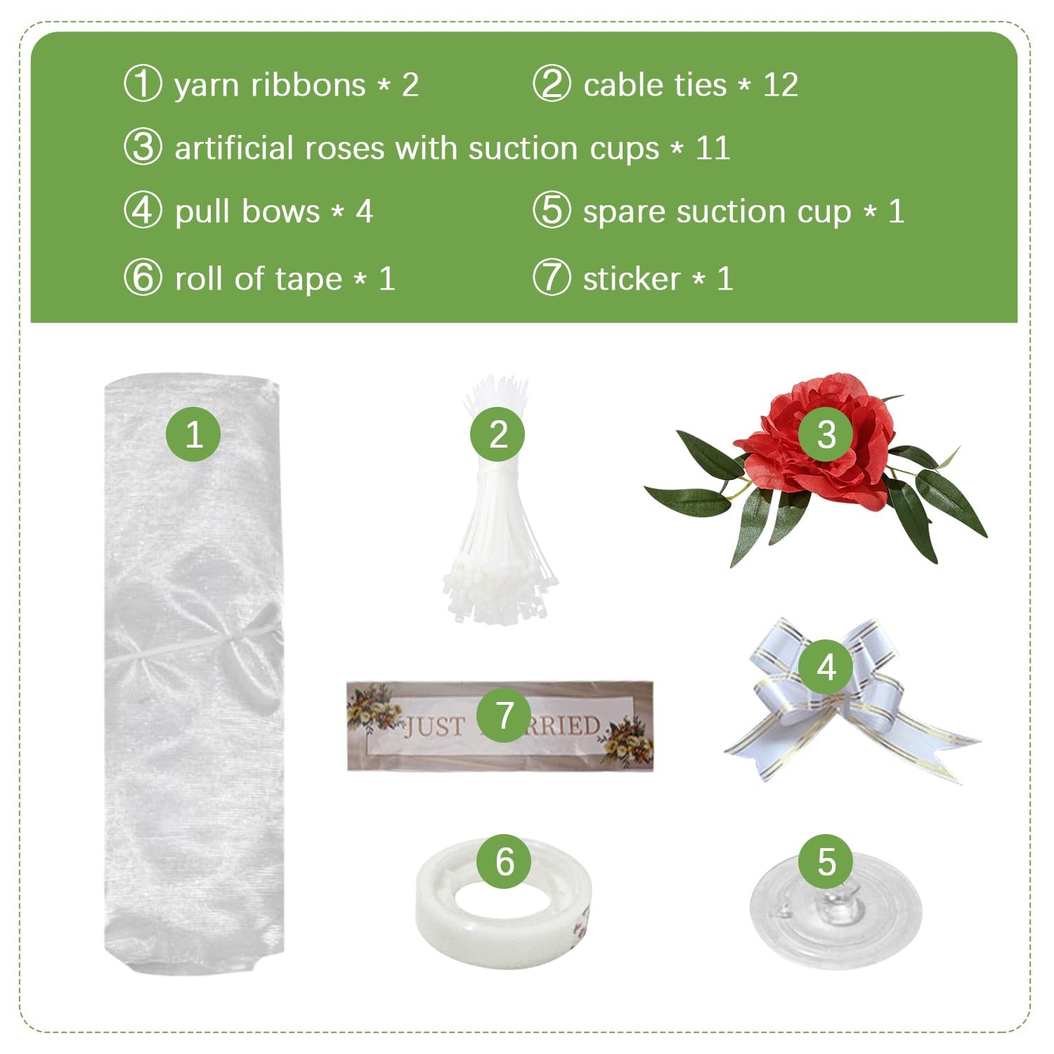 Artificial Wedding Car Decorations Kit, Suction Cups, Flowers, Ribbon, Red