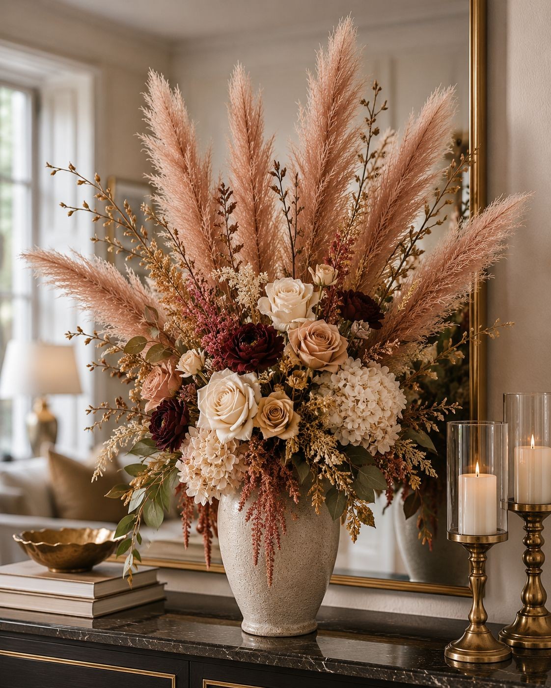 Faux Pampas Grass Bundle | 3 Chestnut Brown Pampas Stems | 26 Inch Tall Artifici