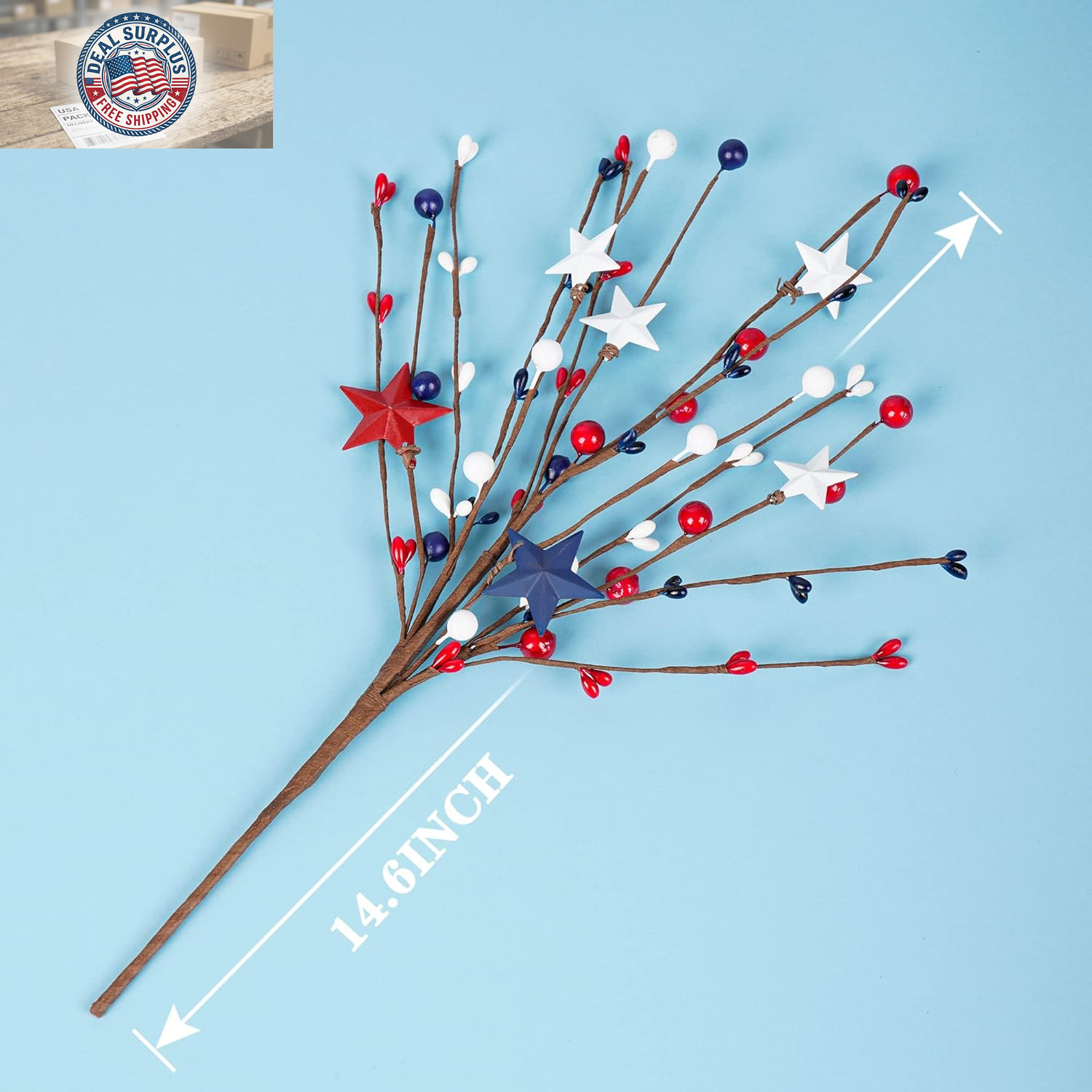 4 Pack Patriotic Artificial Berry Stem Picks White Blue Red Stars for 4Th of Jul
