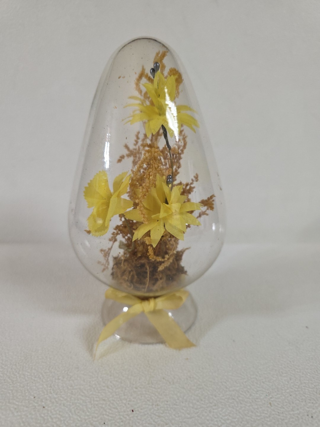 Vintage Clear Glass Dome Egg Cloche with Dried & Silk Flowers Yellow Bow