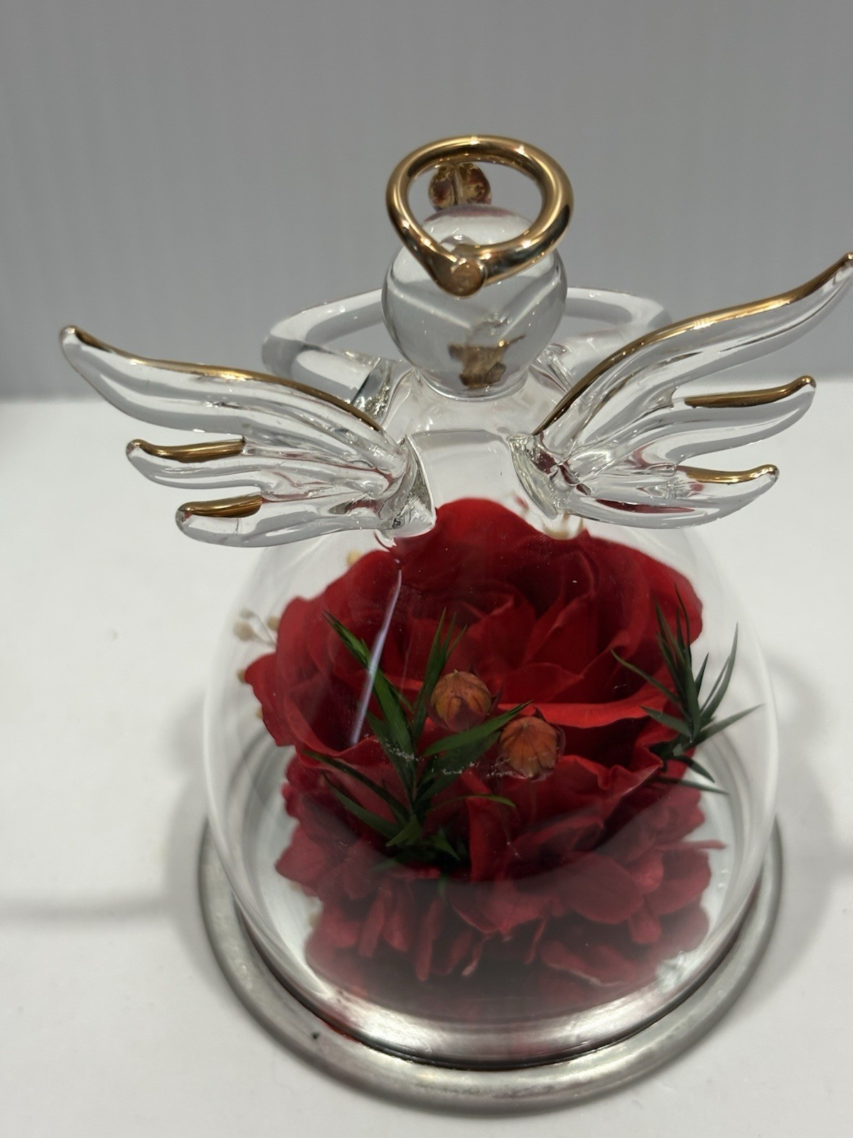 Glass Angel Flower Gifts Preserved Flower Red Rose in Figurines 3” Approx