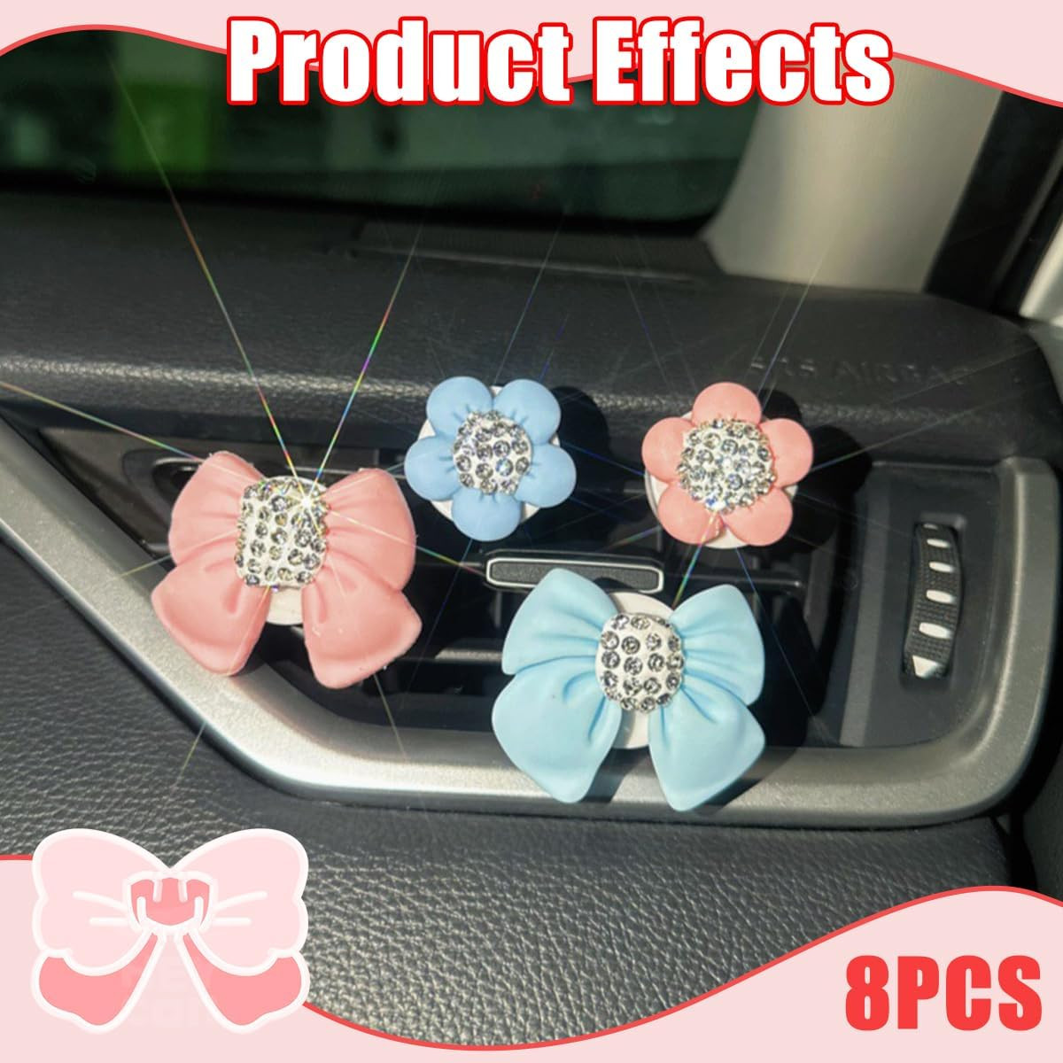 Bling Flower & Bow Car Air Vent Clip, 8PCS Crystal Rhinestone Cute Vehicle Condi