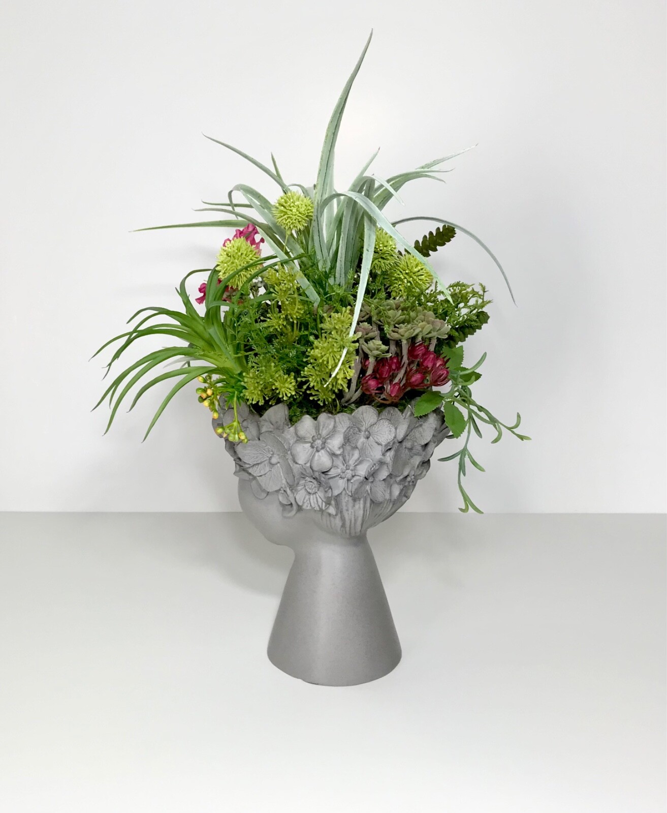 FAIRY GODDESS HEAD VASE FAUX BLOOMING CACTUS SUCCULENTS ARRANGEMENT GIFT NEW