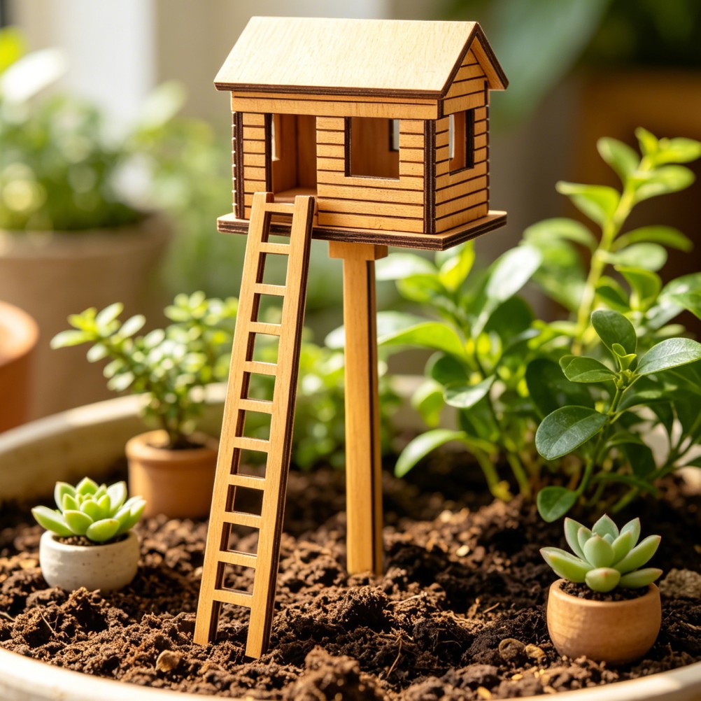 Wooden Mini Treehouse: Miniature Fairy Garden House for Plant Pots, Terrariums