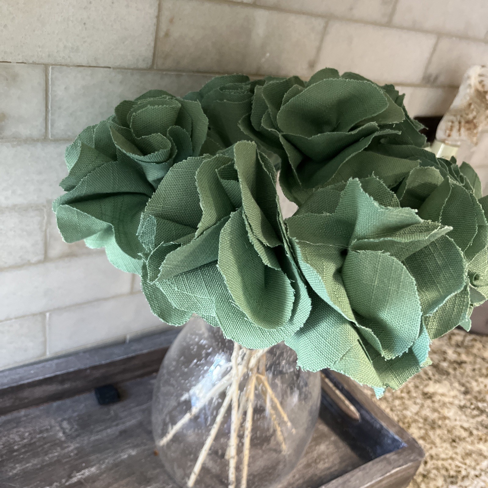 Flowers Handmade Green Fabric Set Of 10 Flowers. 12”-13” Long Vase Not Included