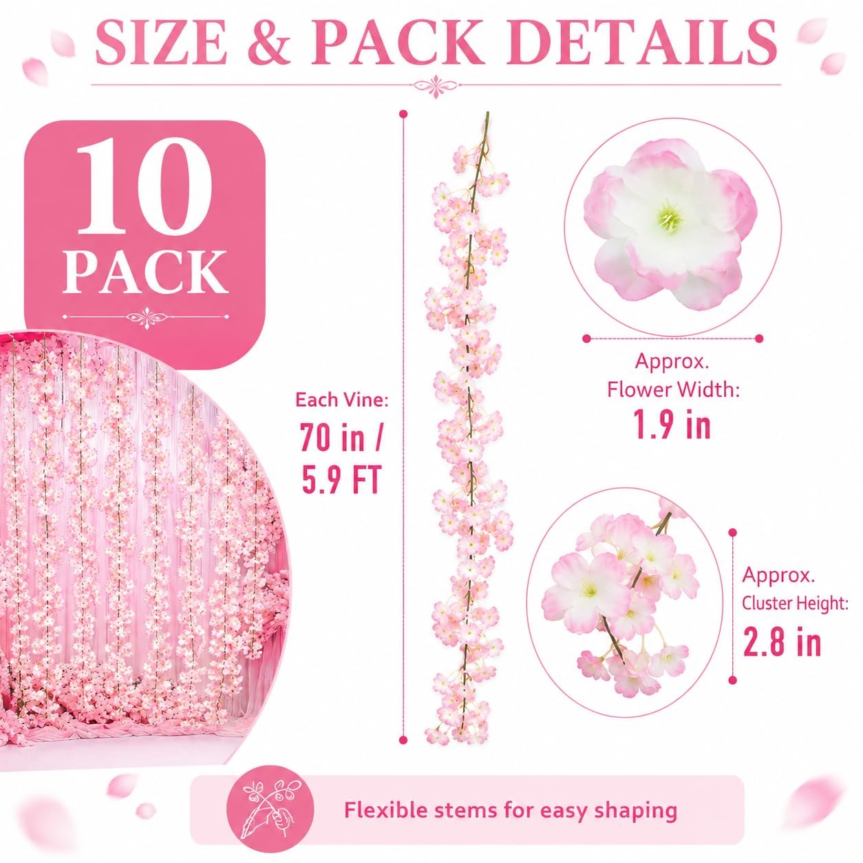 10 Pack /70 inch/5.9FT Artificial Cherry Blossom Hanging Vines Silk Flower Sa…