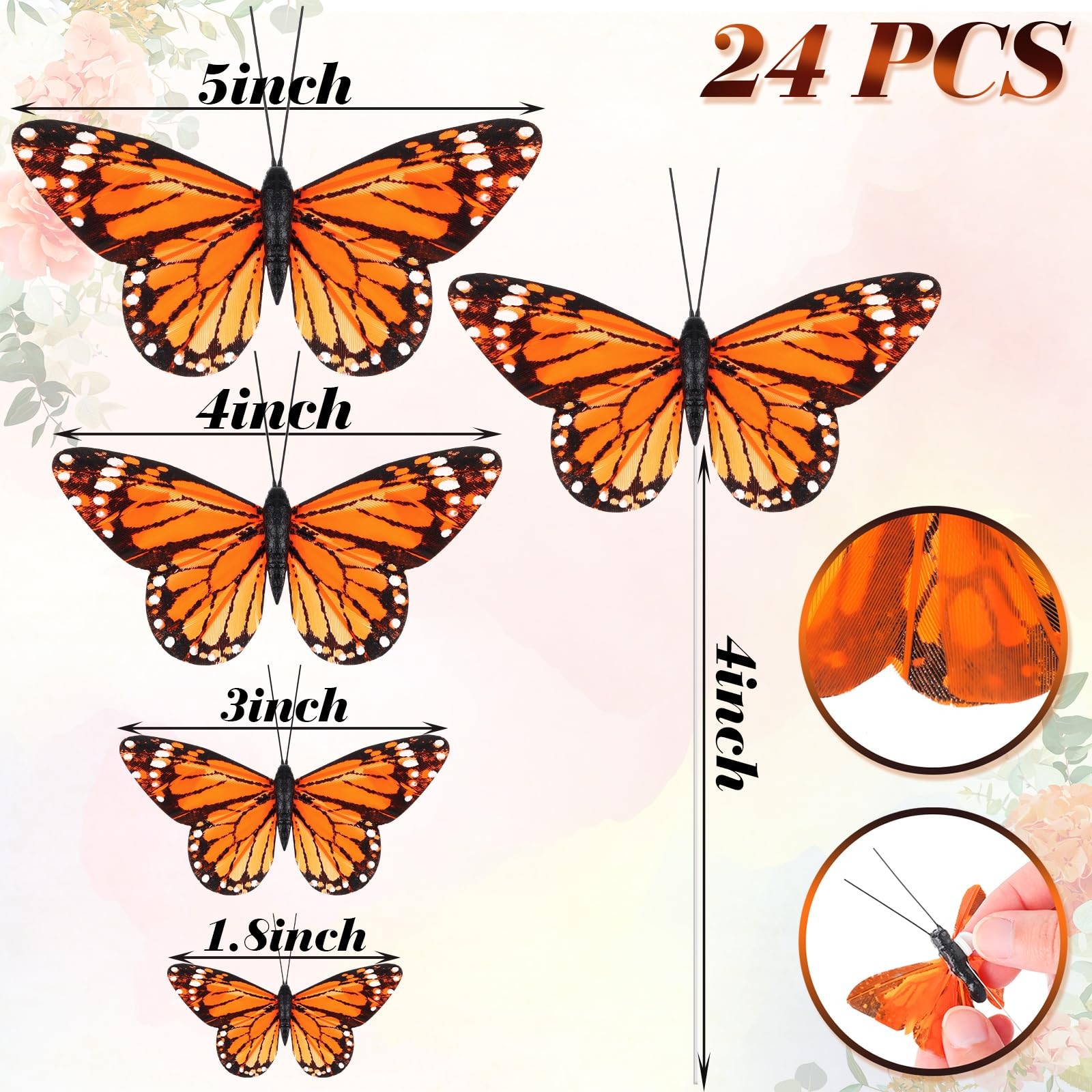 24 Pcs Monarch Butterfly Decorations 4 Size Artificial Monarch Feather Fake B…