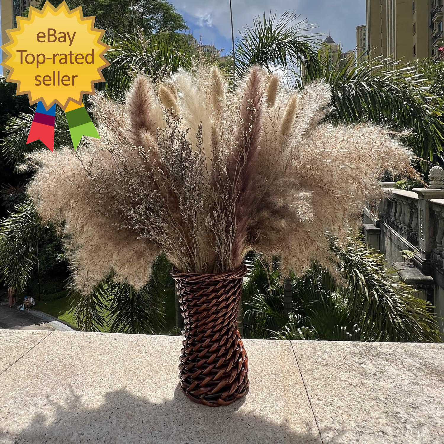 100Pcs Pampas Grass Boho Home Decor 17 Inch Natural Dried Flowers-Pampas