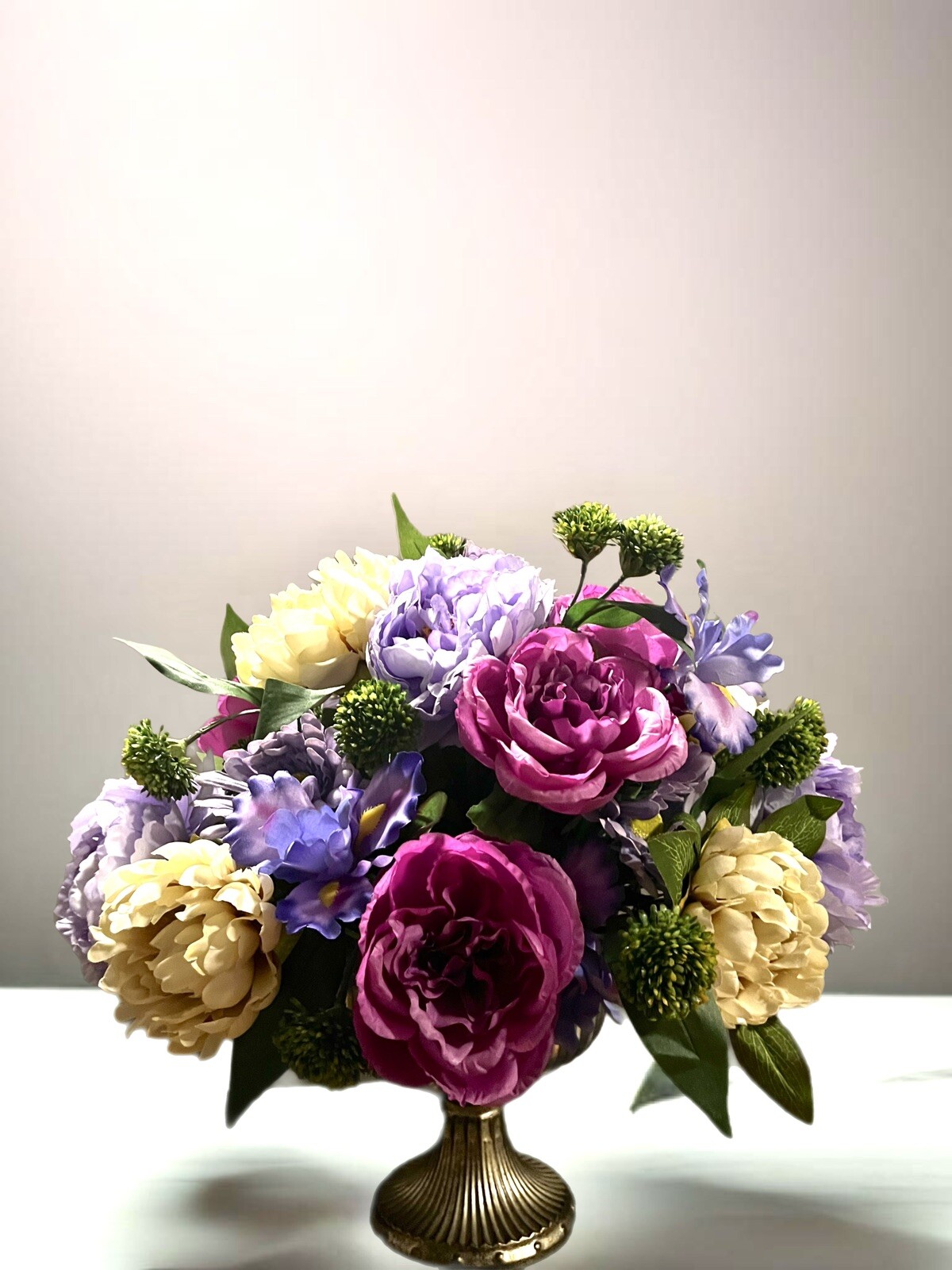 All Season Floral Arrangement Purple Cream Peony Hydrangea Iris Metal Pedestal