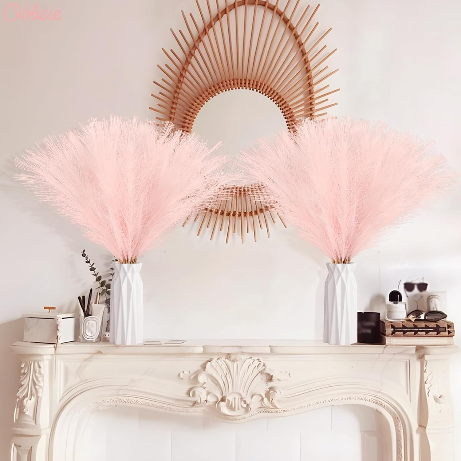50Pcs Pink Faux Pampas Grass Decor, 21.6″ Short Artificial Floral Branches Vase