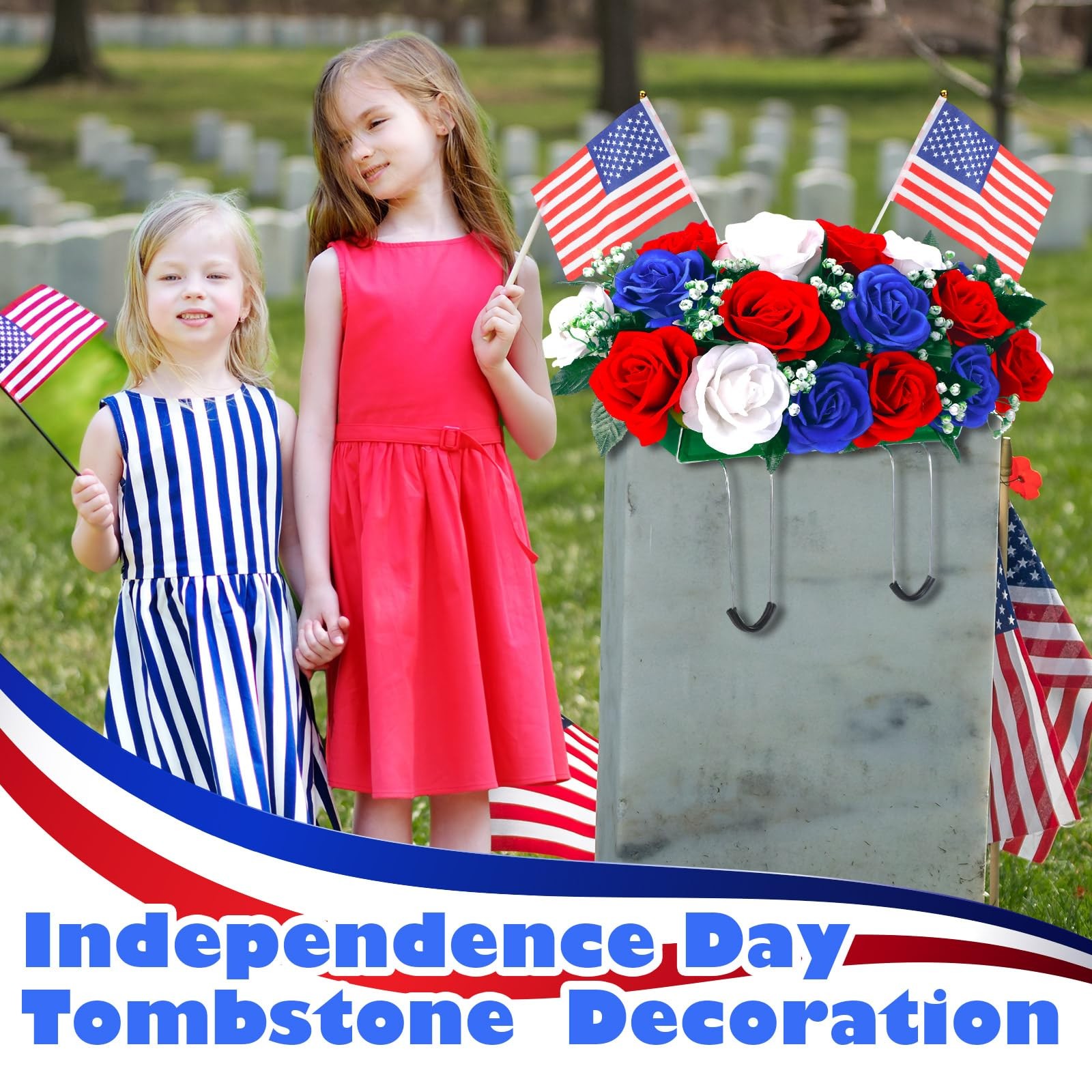 Patriotic Headstone Flower Saddle with Americans, 4th of July Red White Flag