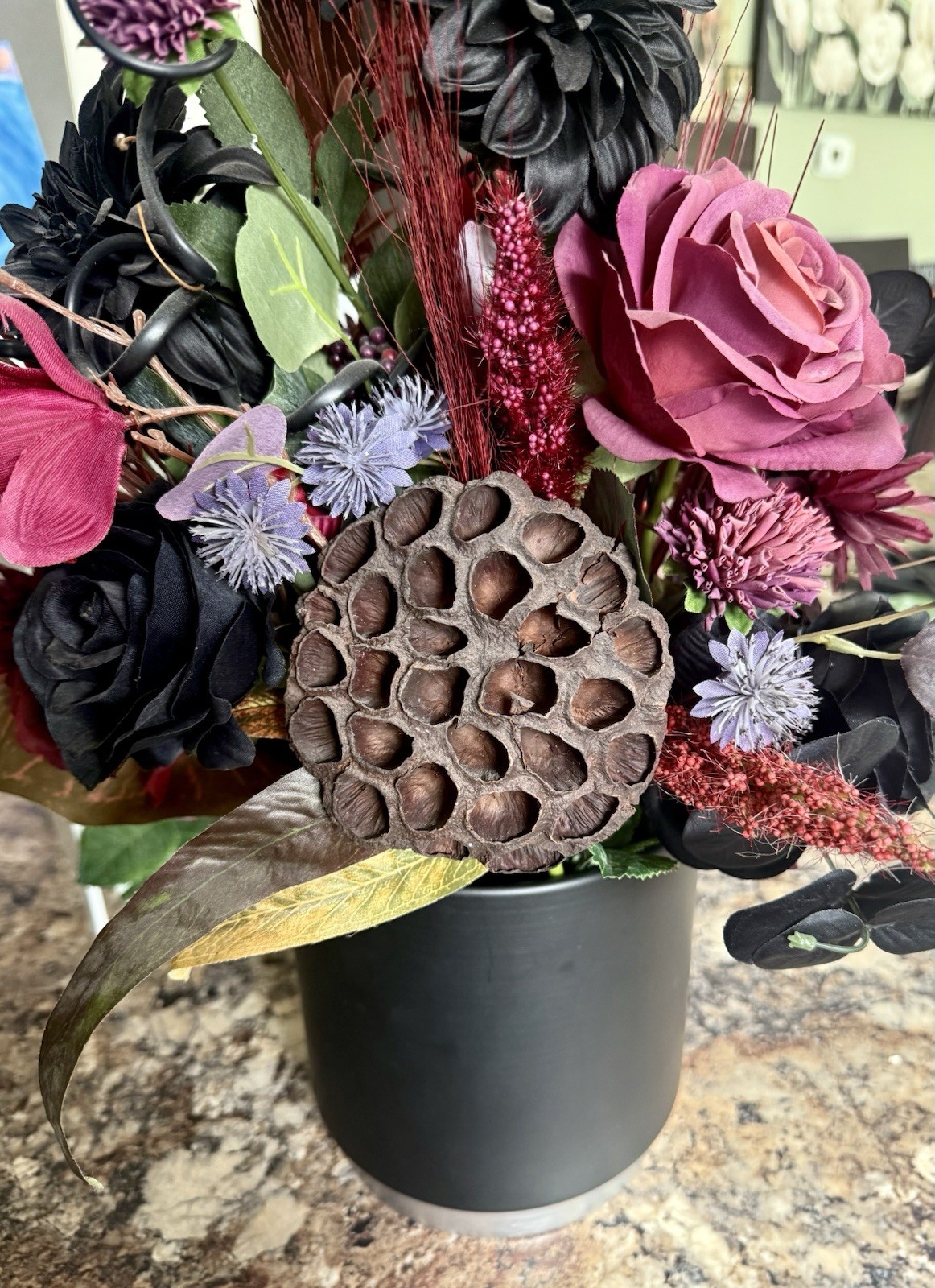 Pink Black Rose Centerpiece Floral Arrangement Art Decor Living Dining Beehive