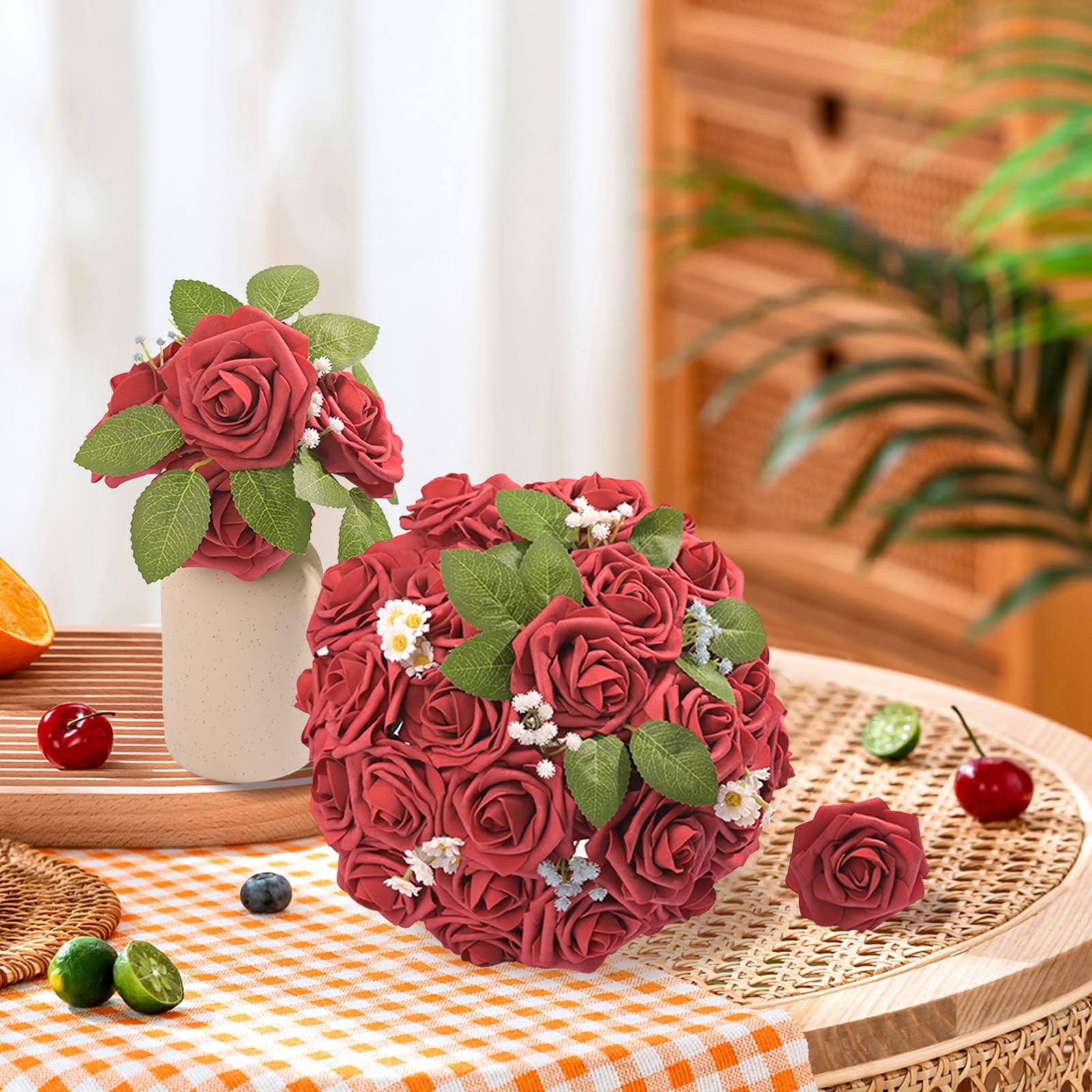Artificial Flowers Fake Roses Faux Peony Foam Gardenia Combo Red 50 PCS DIY