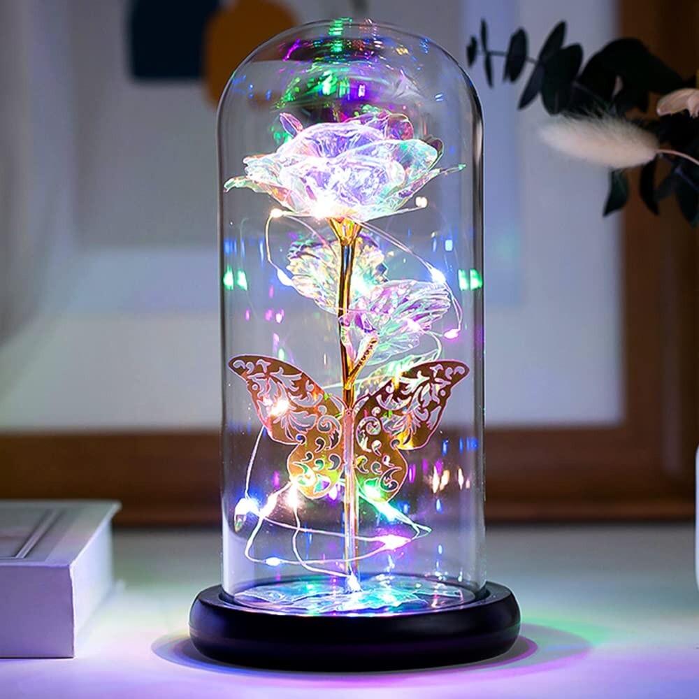 ORORANY Forever Plastic Rose gift Glass Rose Flower and butterfly free ship