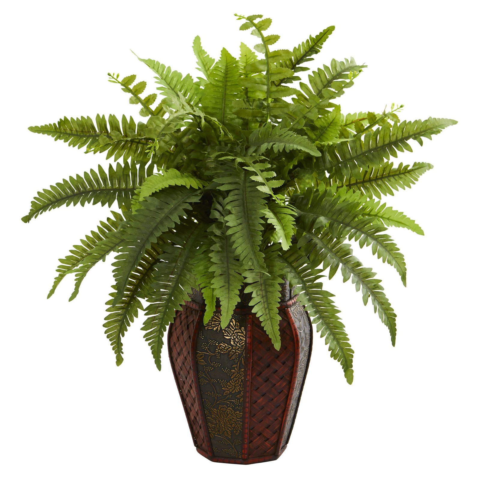 Nearly Natural Boston Fern Artificial Plant in Brown Planter – 18″