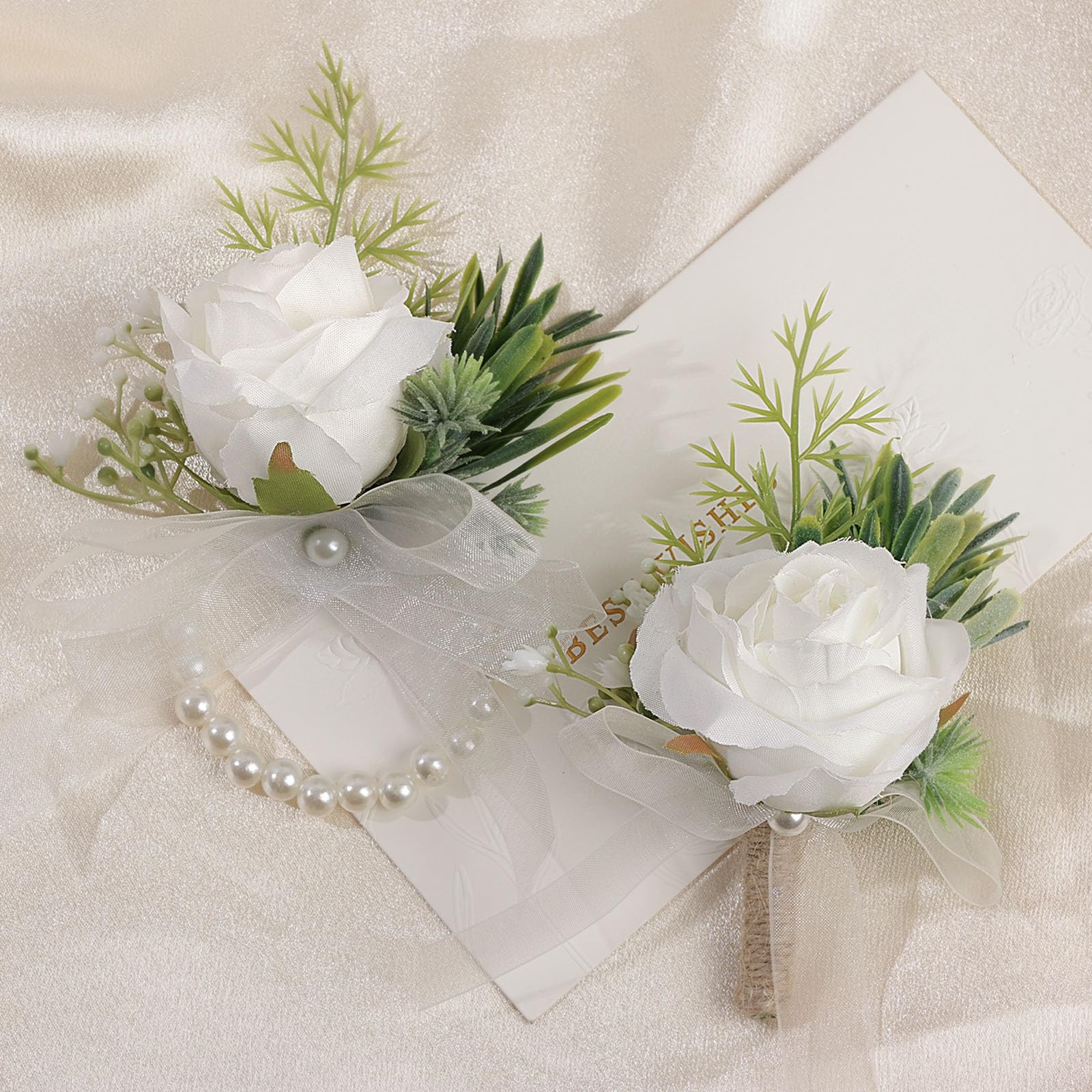 2 PCS Wrist Corsage Boutonniere Set Artificial Flowers Suit Prom White1