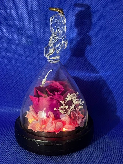 Mother’s Day Preserved Pink Rose in Glass Angel Figurine with Led Lights