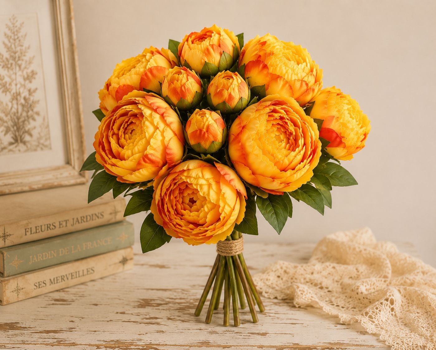 Golden Peony Bouquet Faux Flowers Autumn Decor Rustic Farmhouse Western Floral A