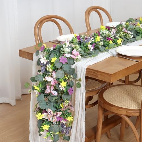 4 Pack 5.68 FT Artificial Daisy Garland with 3D 4PCS Butterfly Eucalyptus