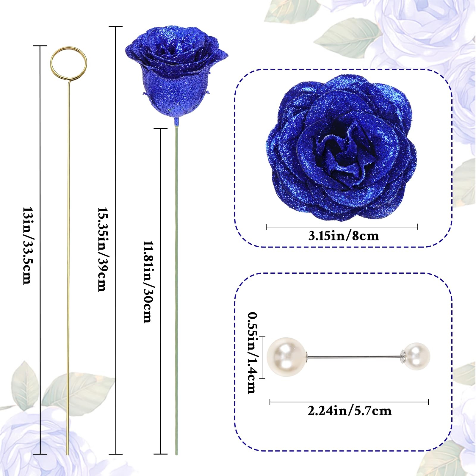 Blue Glitter Roses Bouquet, DIY Fake Flowers Bouquet, Everlasting Shiny Artifici