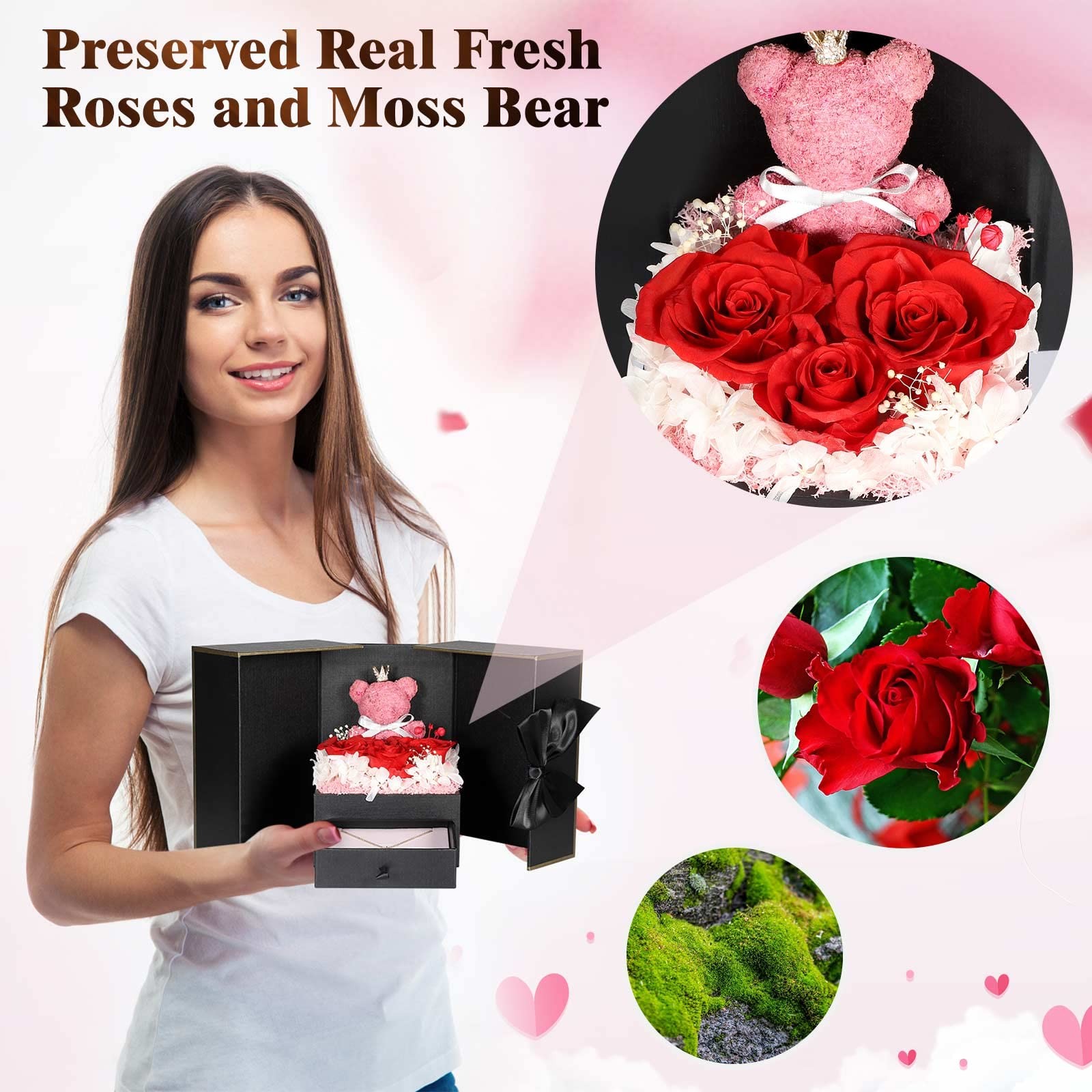 Cute Preserved Real Roses Bear Gift Box for Red and Pink
