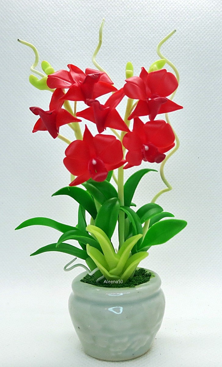 USstock 4″H Air-Dry-Clay Handmade Miniature Dendrobium Orchid Arrangement.