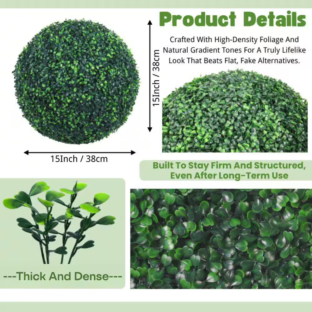 15 In. 2 Balls Artificial Boxwood Topiary Ball Trees 4 Layers of Uv-Resistant Bo