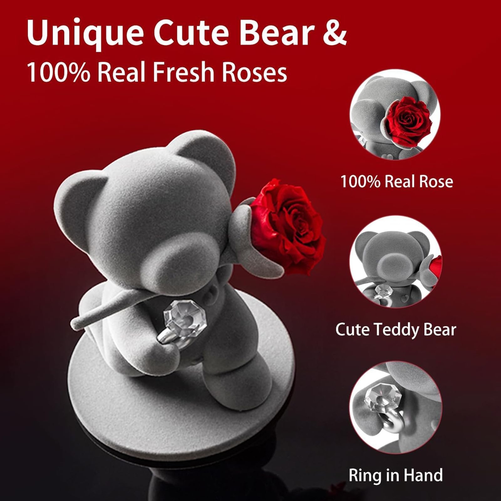 JoyFlower Cute Teddy Bear with Preserved Flowers, Eternal Real Red Rose with