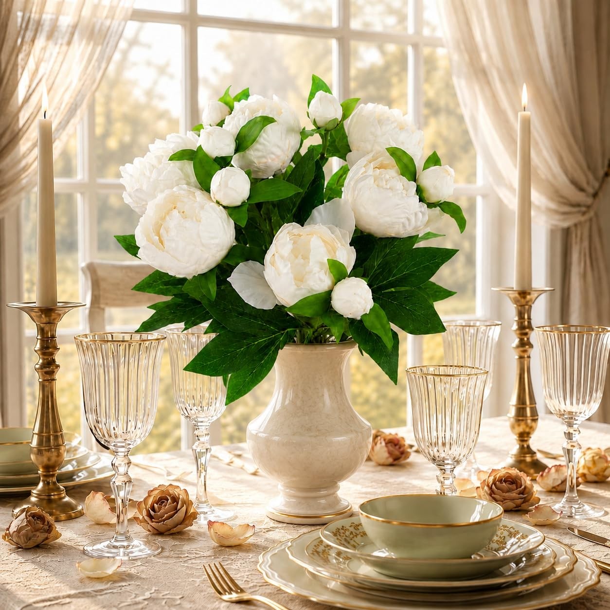 Cream White Peonies Artificial Flowers, 6 Pcs Silk Peony Bouquet