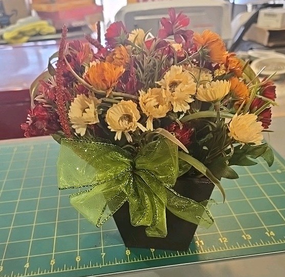 Fall Theme Floral Arangment In Square Ceramic Pot (8″ Overall Size)
