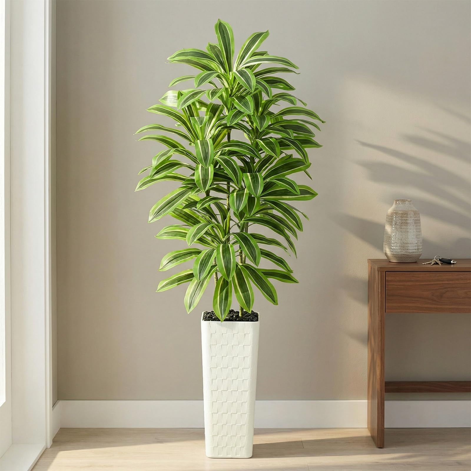 Artificial Yellow Dracaena Tree Indoor, 7FT Tall Fake Floor Plants with White…
