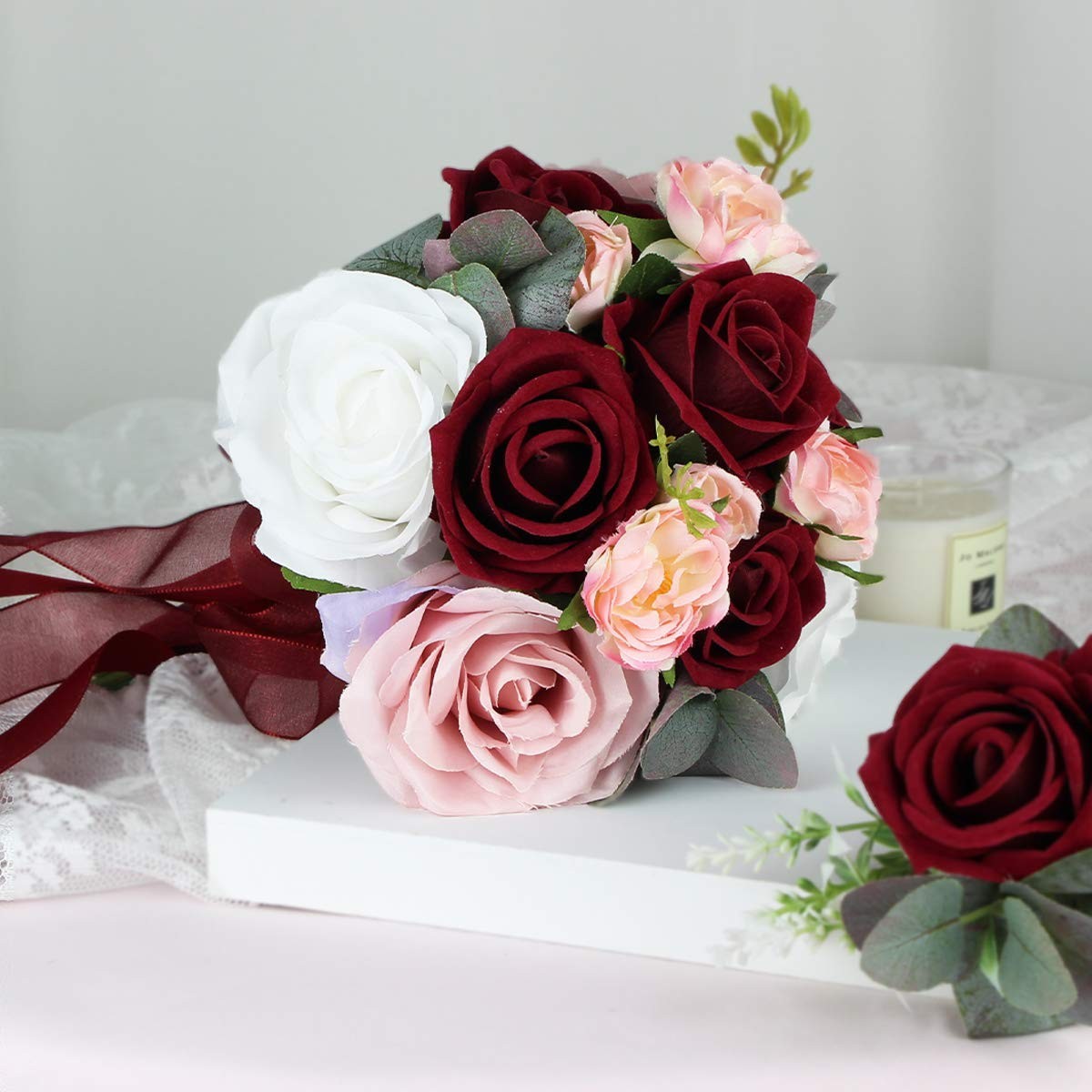 7in Burgundy Silk Bridesmaid Bridal Bouquet Wedding Artificial Flowers