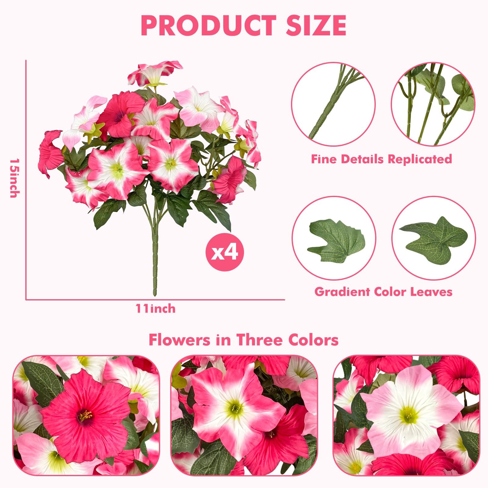 4pcs Artificial Fake Flowers Plants for Outdoor Decoration(Rosy Red)
