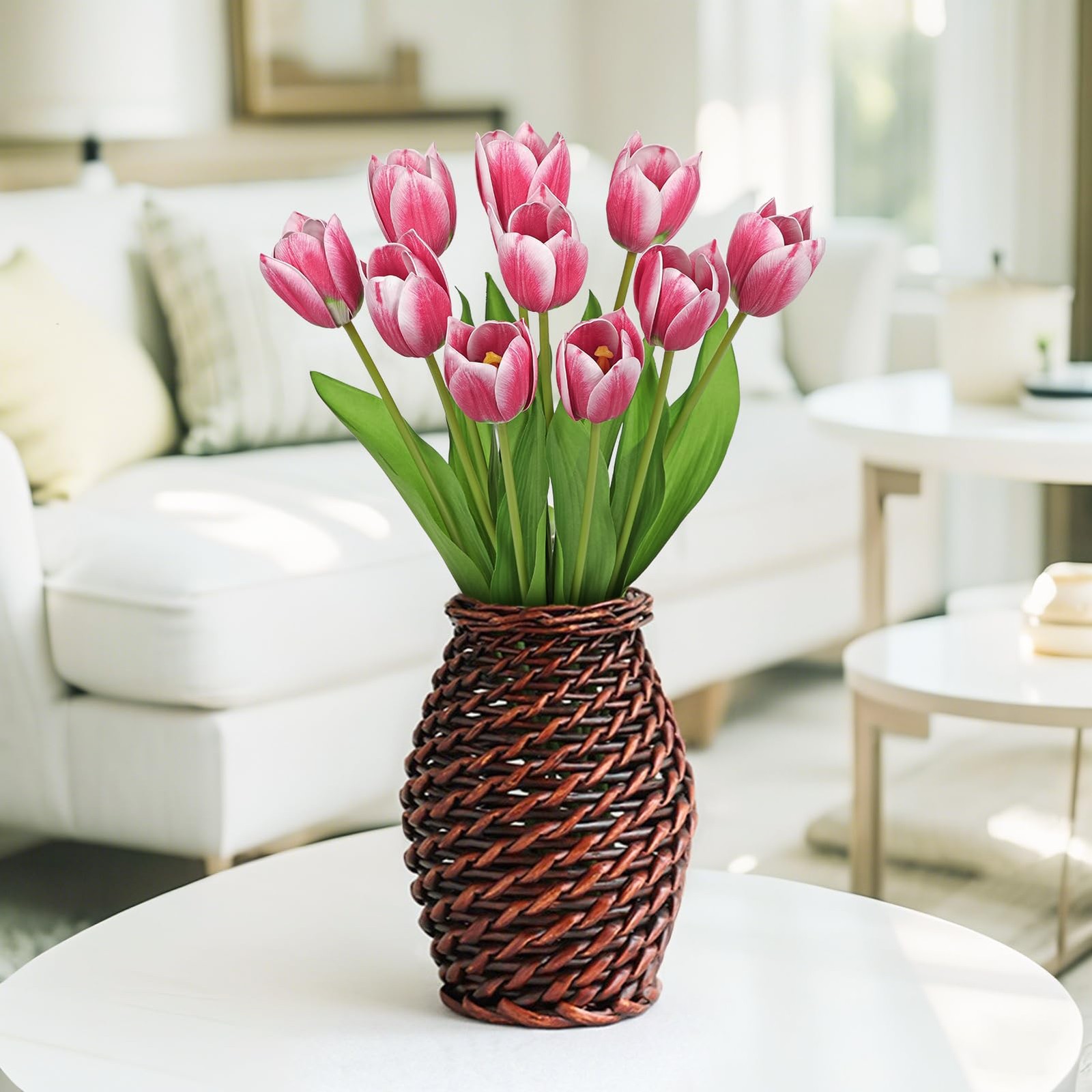 Artificial Tulips Flowers – 20″ Long Stem Faux Tulips, 10PCS Real Touch Fake …