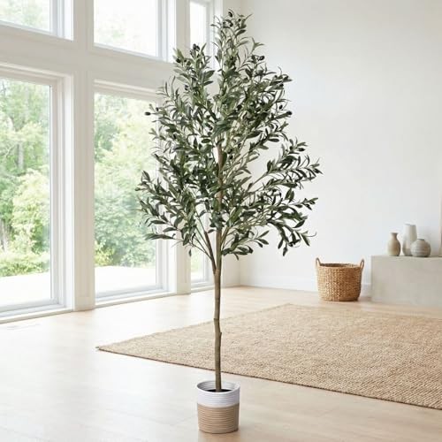 6ft Dense Leaves Artificial Olive Tree with Woven Basket – Realistic 5ft 11in
