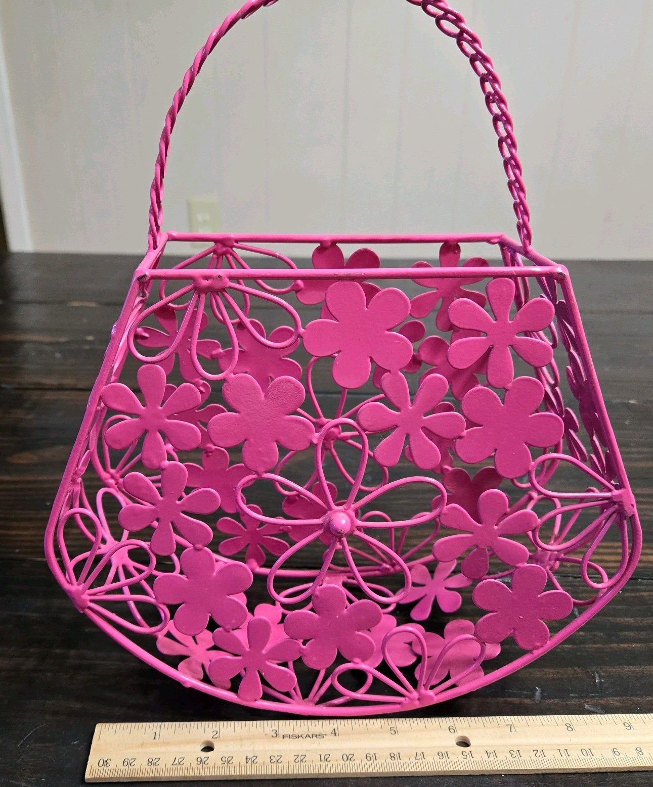 Pink Metal Floral Purse-Basket With Handle-Pink Flowers