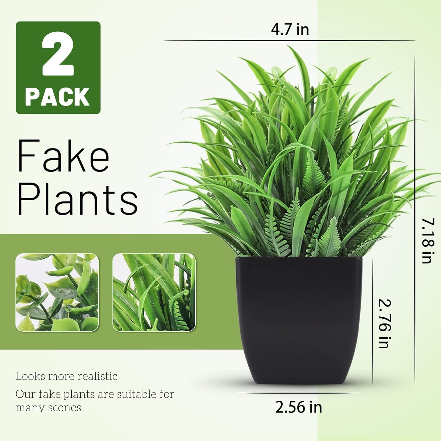 2 Pack Fake Plants Small Artificial Potted Plants Faux Plants Black Bathroom Acc