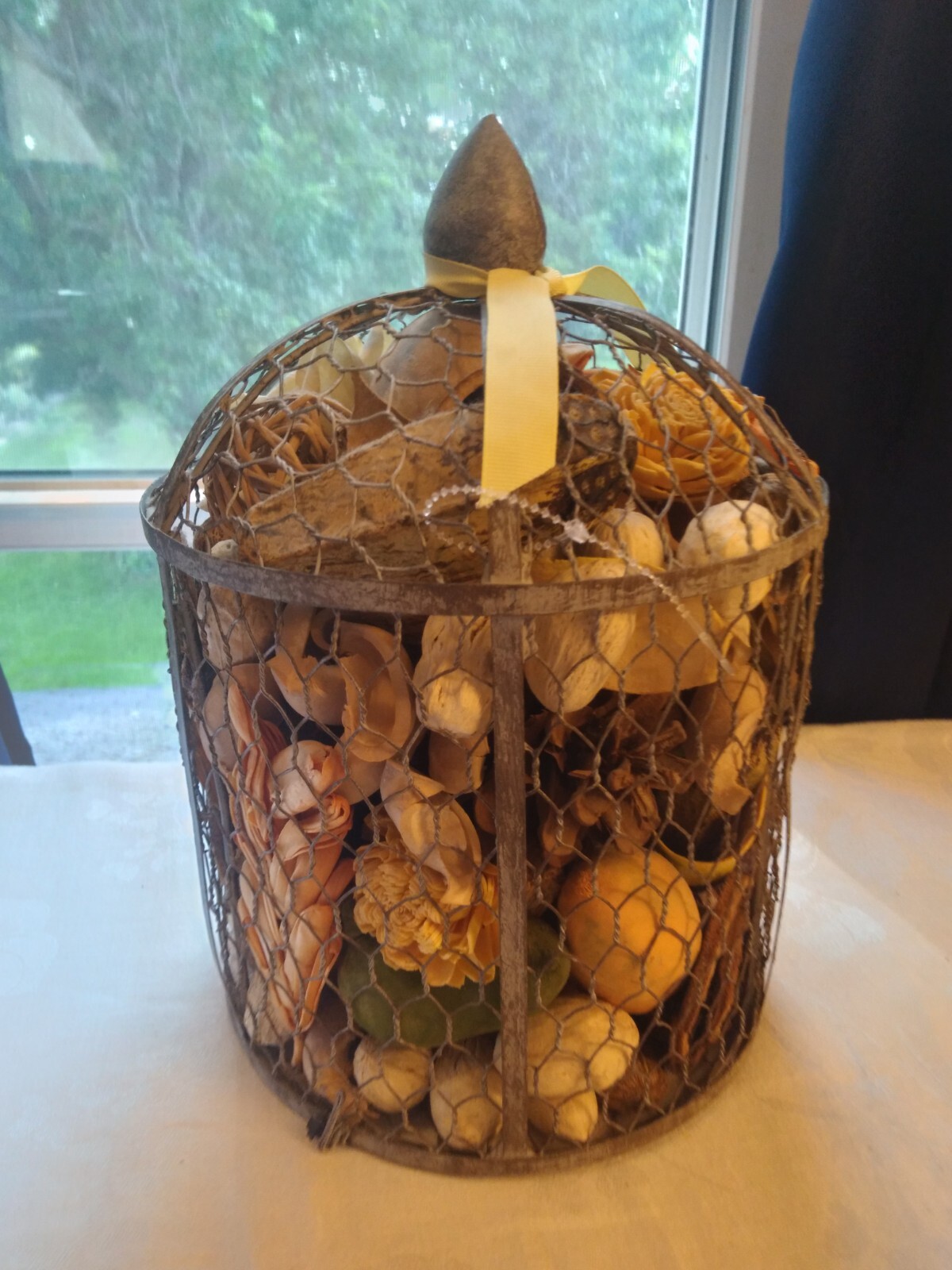Bird Cage Filled With Gourds, Nuts, Pinecones, Dried Fruit, Twin Balls, Flowers