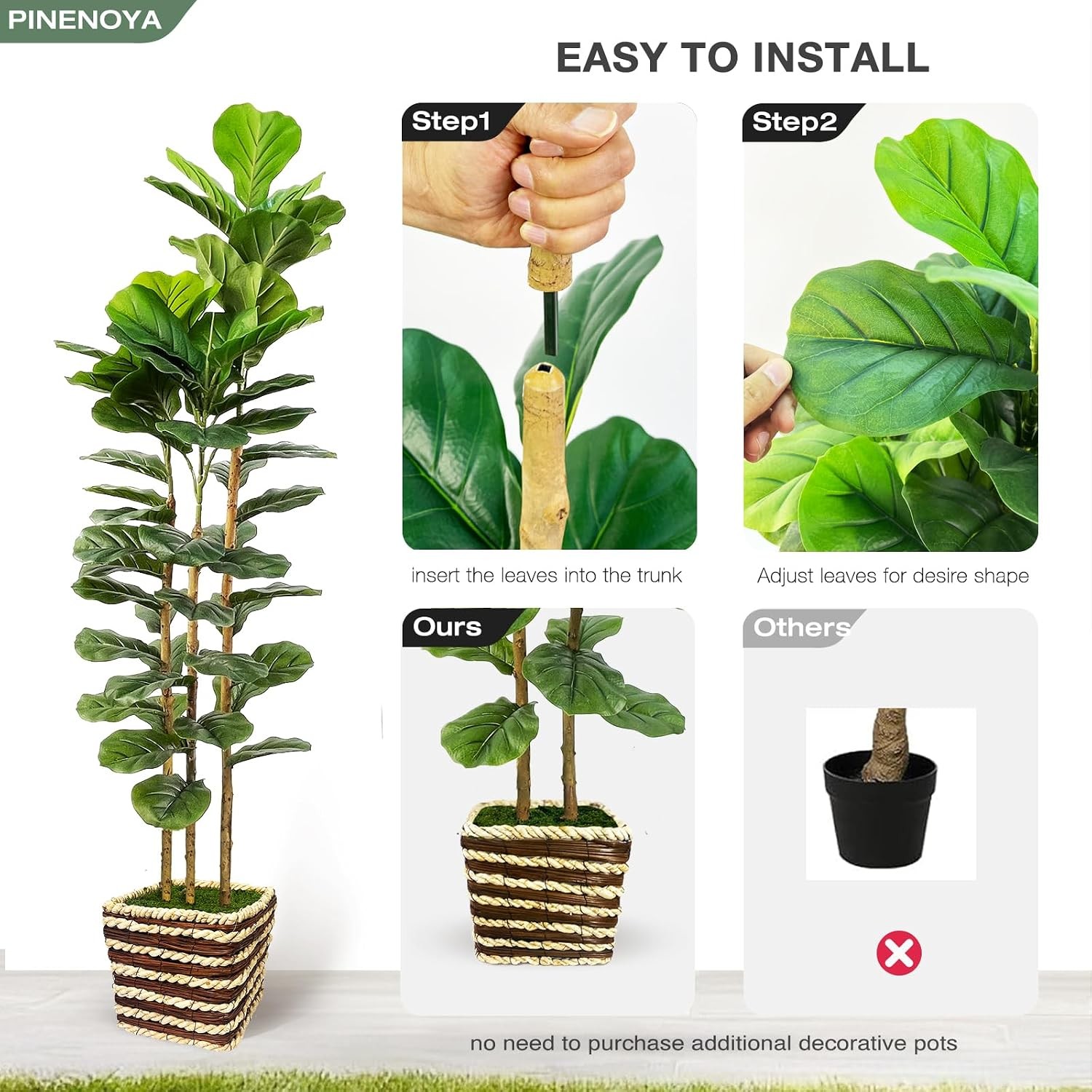 Artificial Fiddle Leaf Fig Tree Indoor with Woven Basket – 5ft Tall Fake Tree