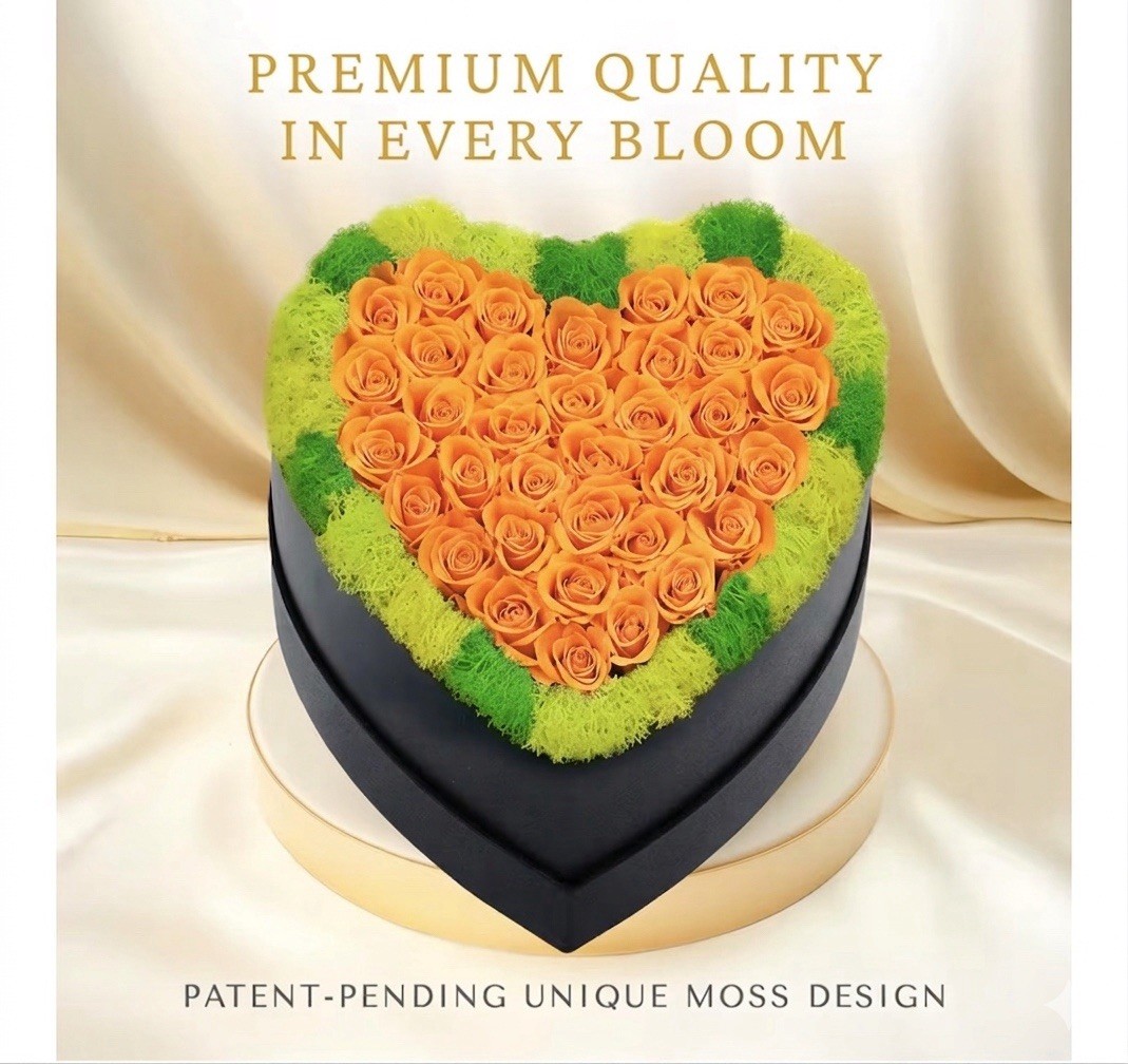 Moss Heart Preserved Orange Roses Heart-Shaped Flower Box 9″ x 5.7″ Mother’s Day