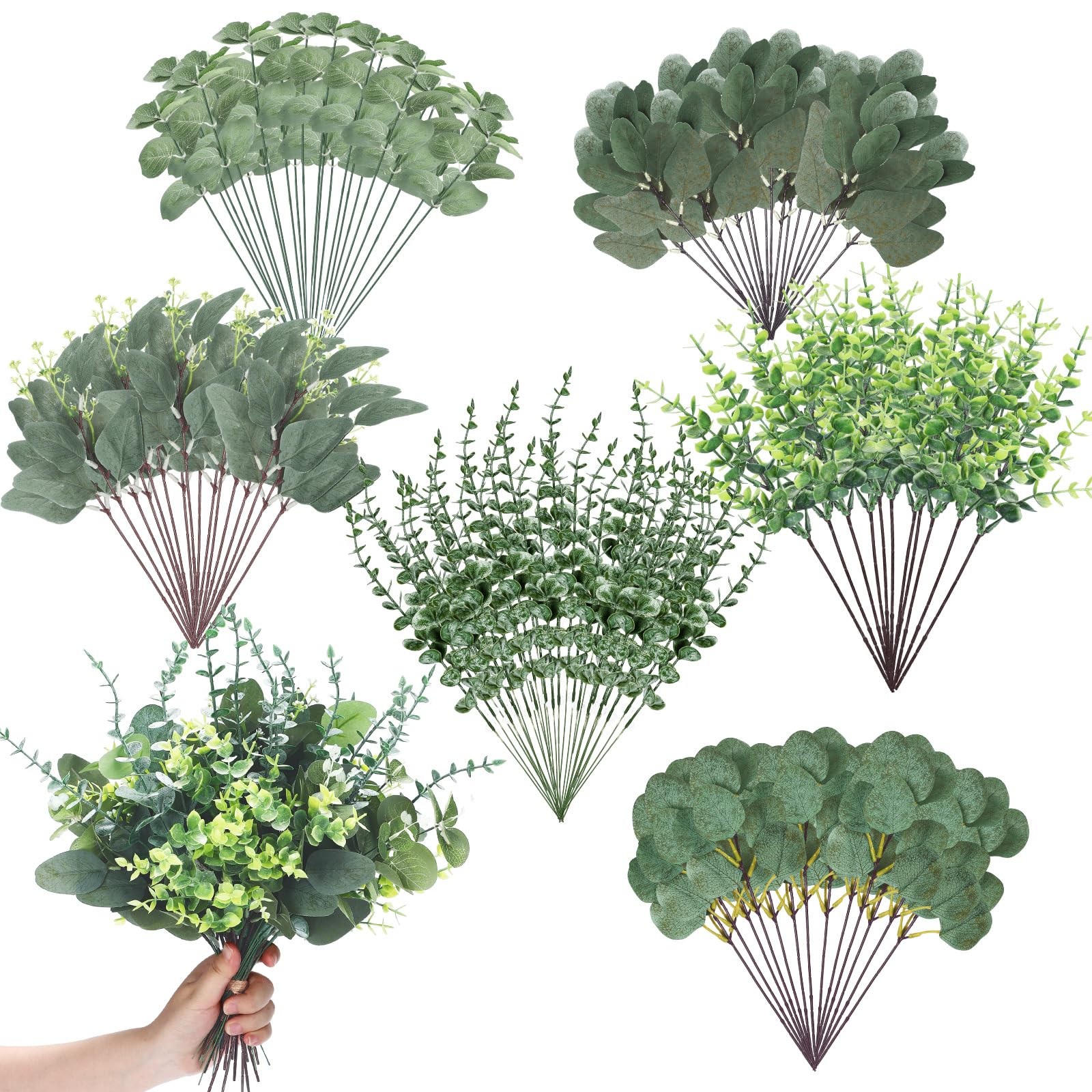 120 Pcs 6 Kinds Mixed Eucalyptus Leaves Stems Bulk Artificial Greenery Plants…