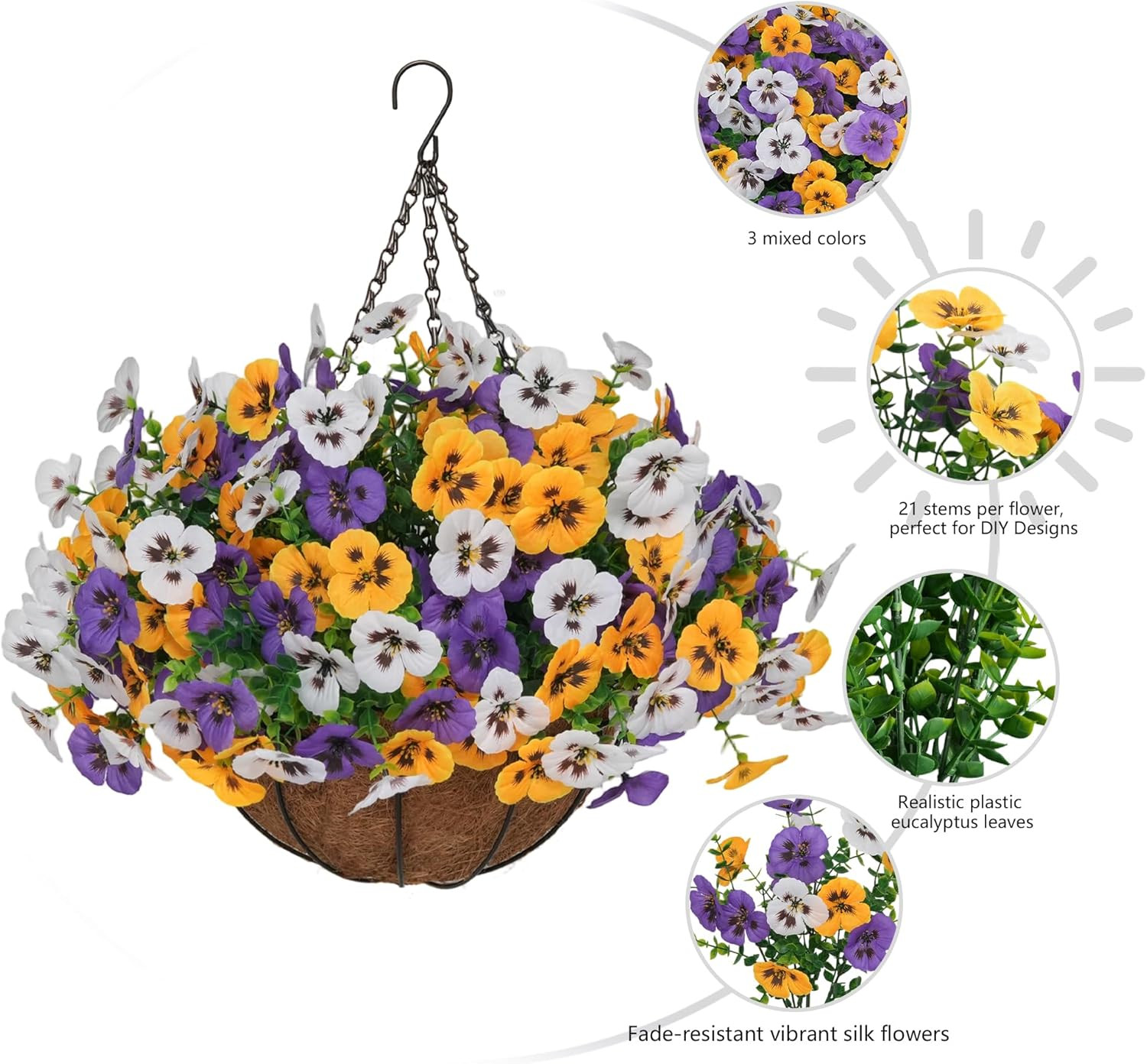 24 Pcs Silk Pansy Hanging Flowers with Basket for Outdoor Home Decor