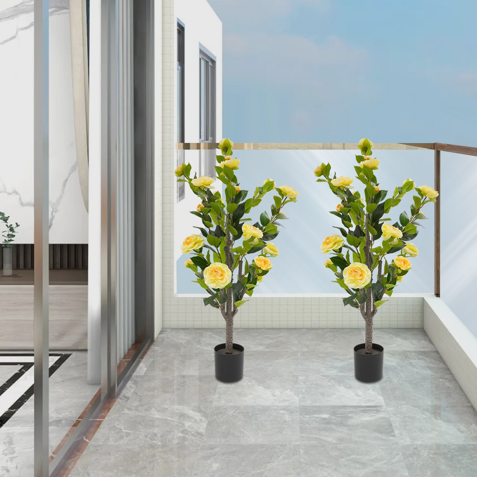2 Pack Artificial Tea Rose Tree for Modern Home, Simulated Tea Rose Tree