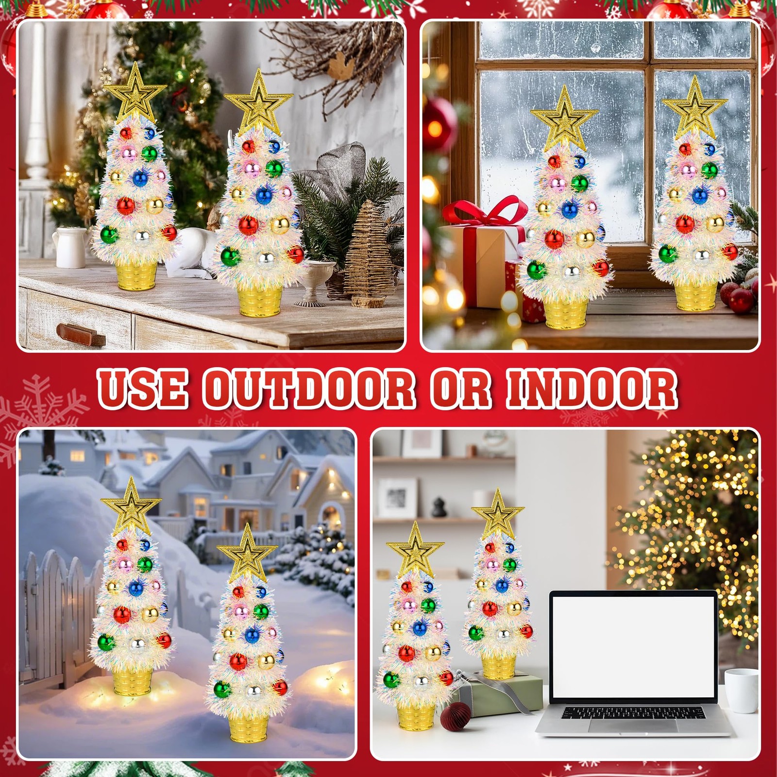 2 PCS 14 Inch Mini White Tinsel Tabletop Christmas Trees Multicolored Decor