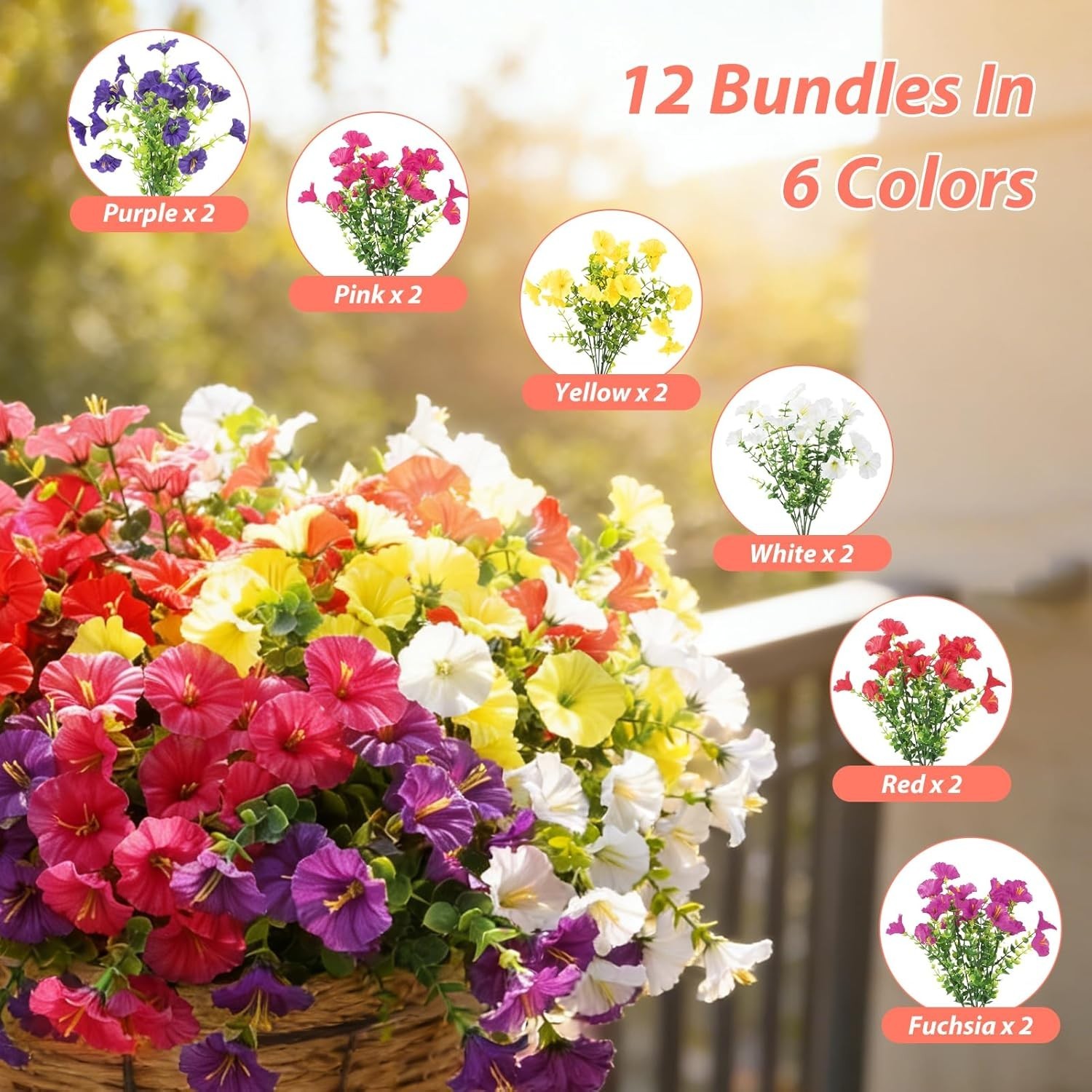 12 Bundles Artificial Flowers for Outdoors Decoration, Faux Silk Morning Glor…