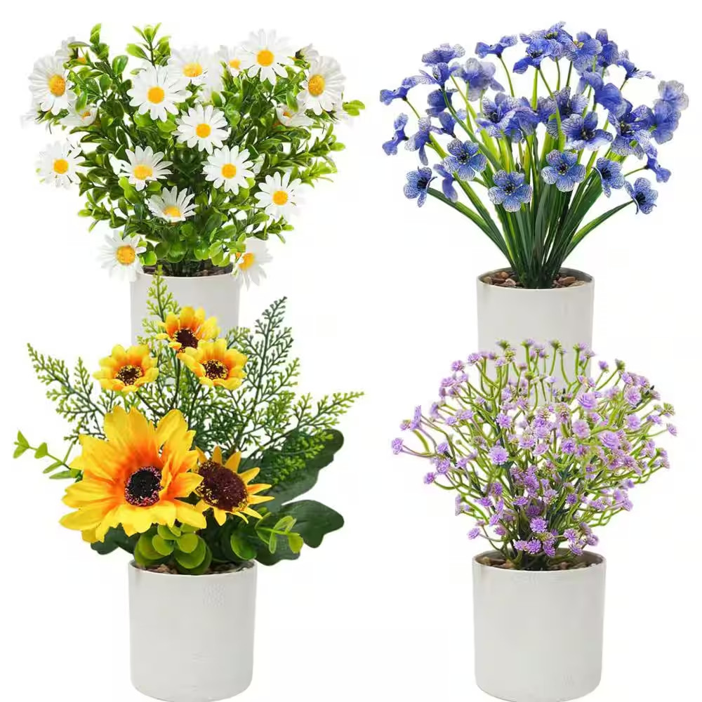 Small Artificial Potted Flowers Garden Statue, 4-Pack