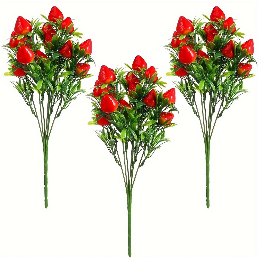 3Pcs 7-Pronged Artificial Strawberry Bunches Fake Flowers for Home Holiday Decor