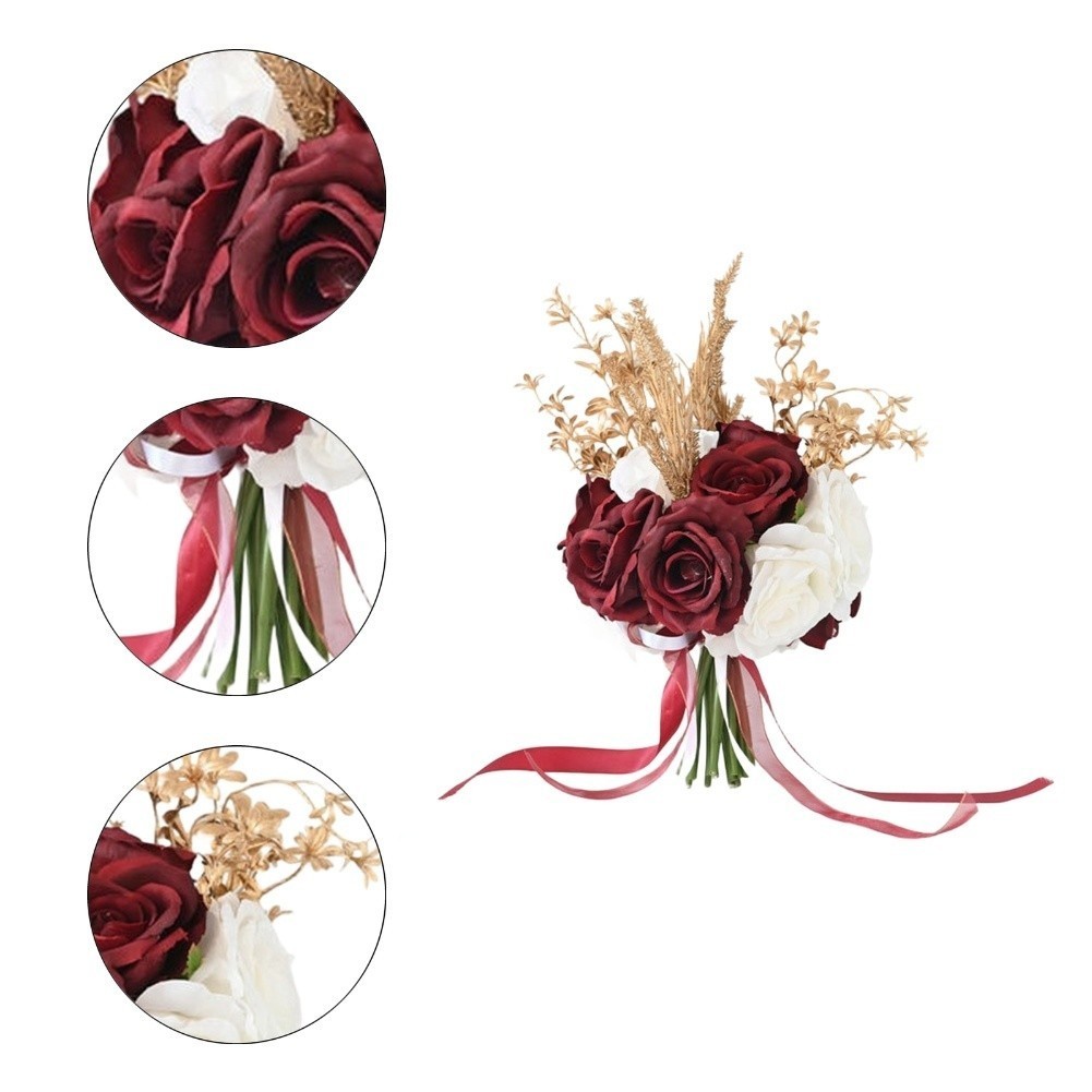 Silk Wedding Bridal Bouquet Artificial Handheld Roses with Bow Decoration